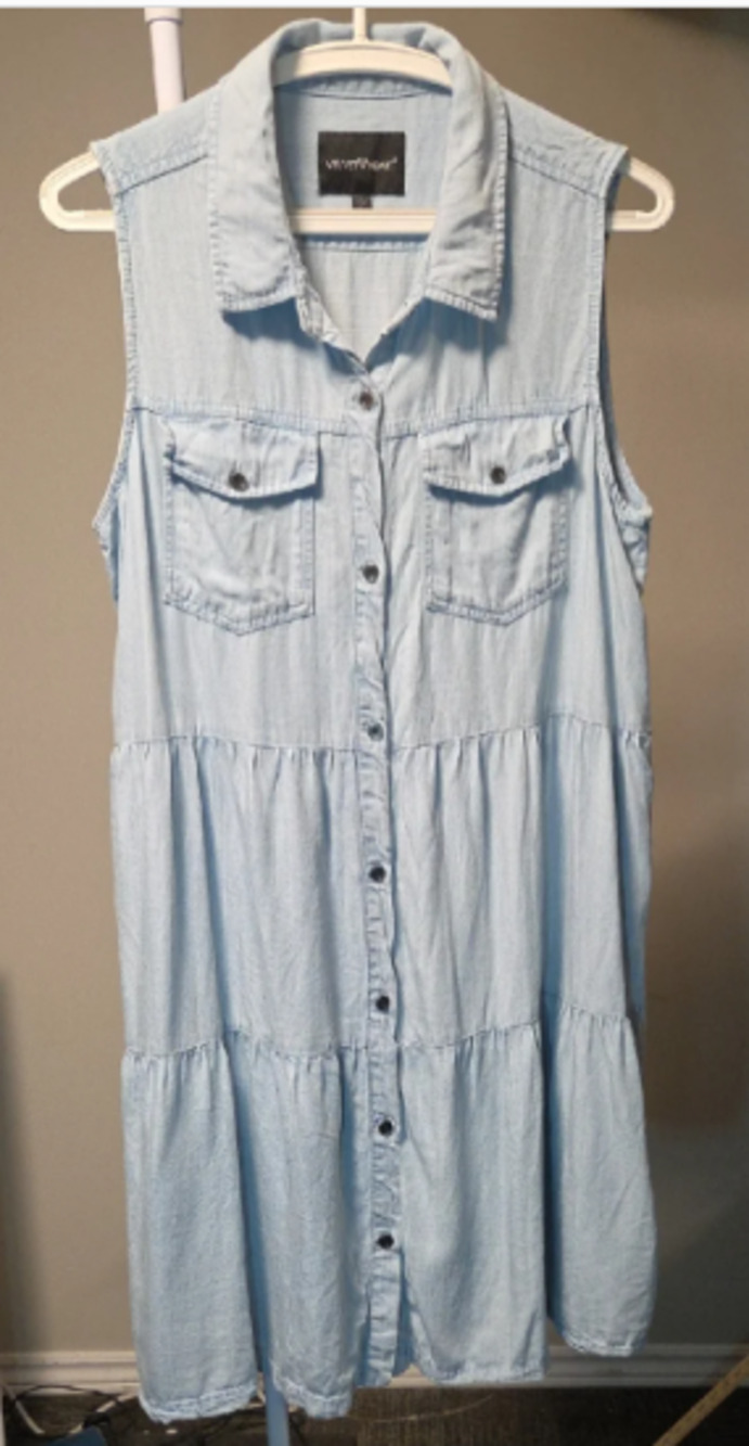 Velvet Heart Chambray Tiered Shirt Dress Sleeveless Midi Blue L